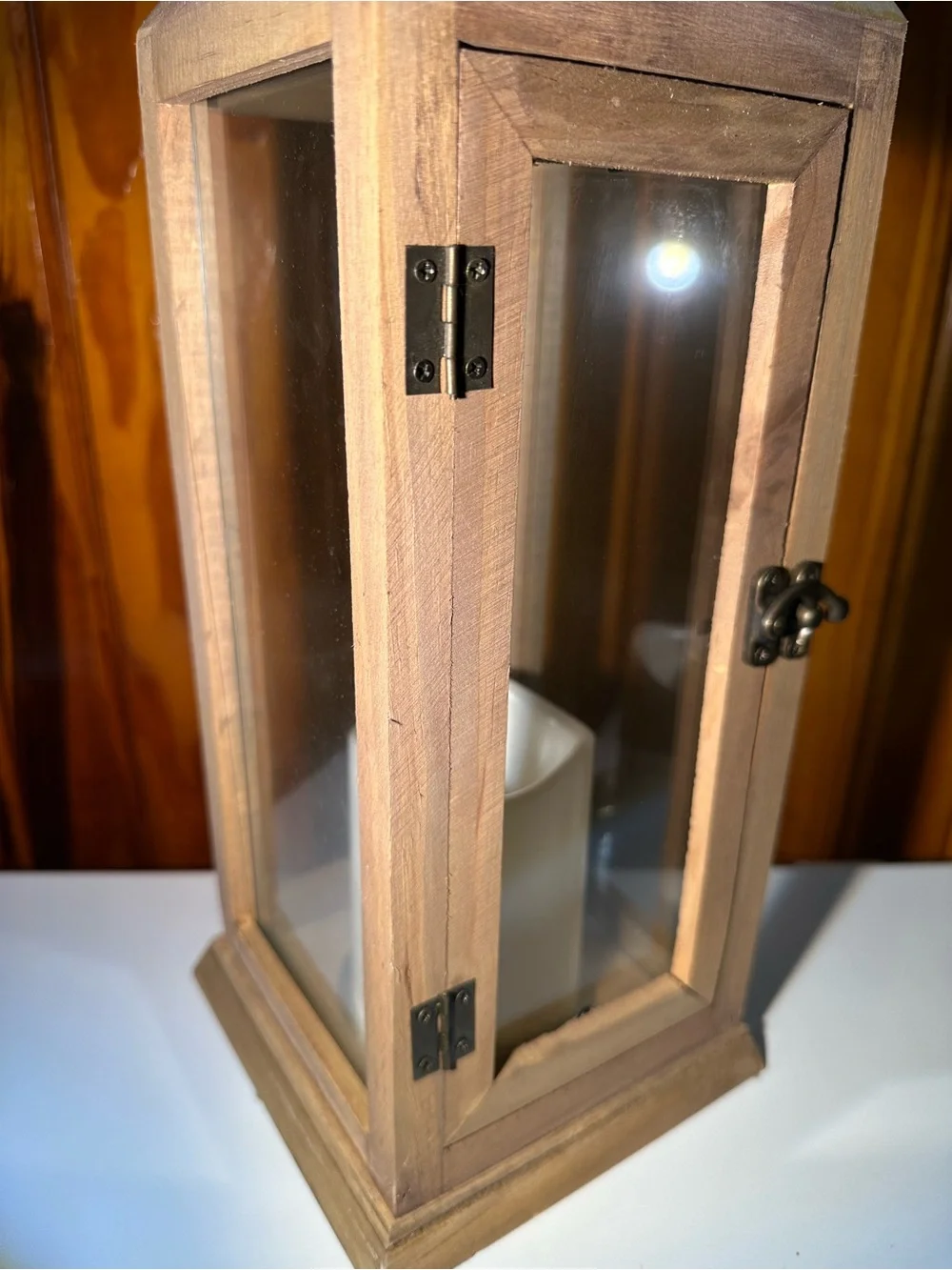 Wooden Glass Lantern with White Candle - Natural Finish